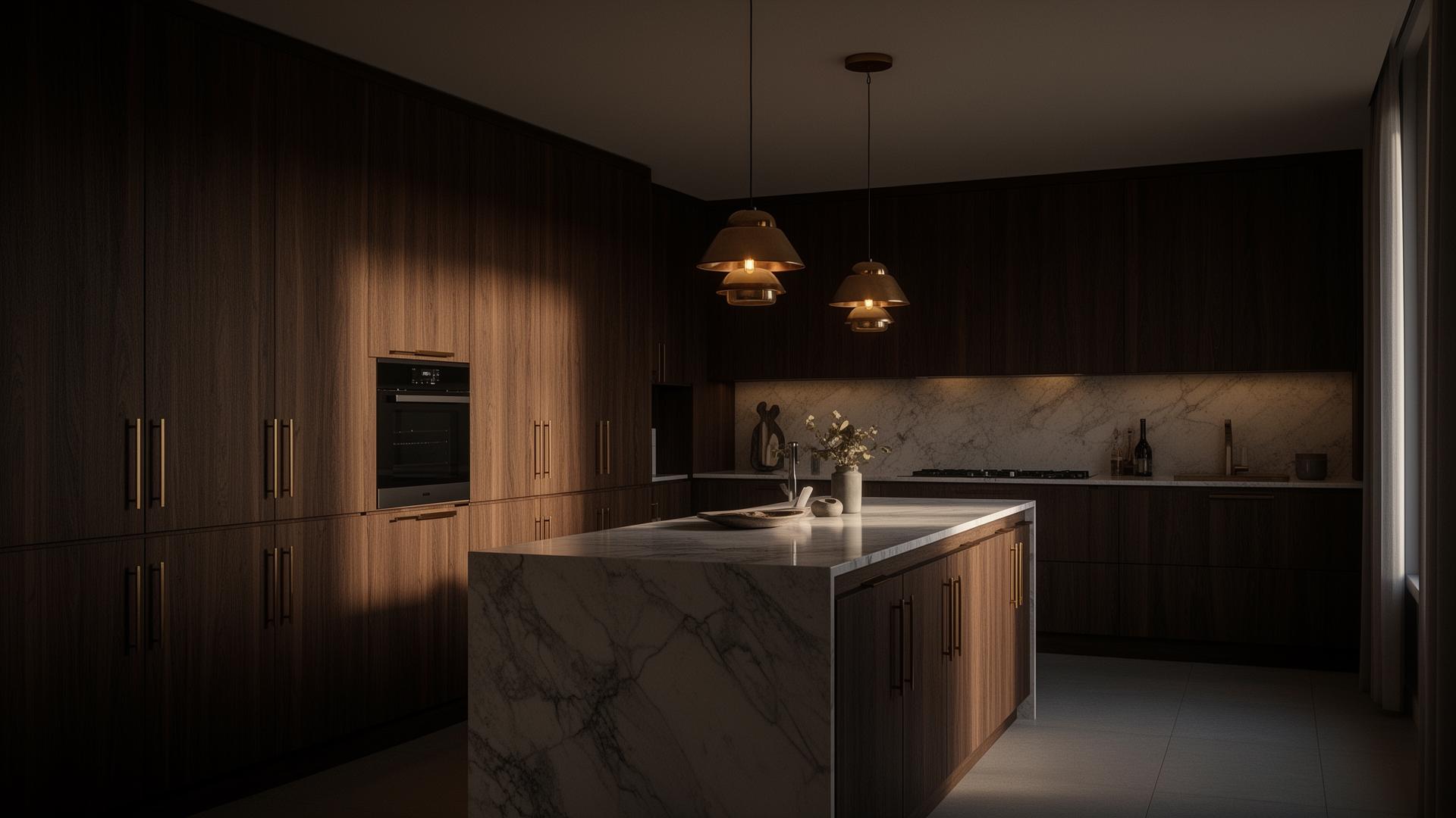 A bespoke Kicheni kitchen with walnut cabinetry and marble island